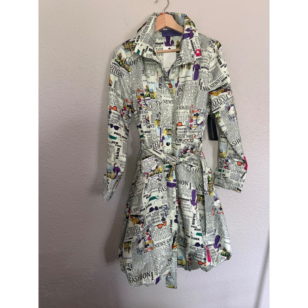 La Mode Royale Newspaper Print Trench Coat Bubble Hem Water Resistant XS NEW